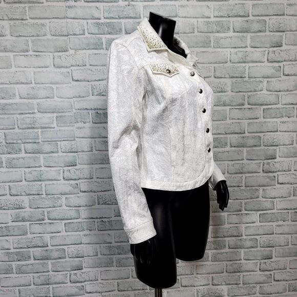 Vintage 90s Christine Alexander S White Filigree‎ Denim Studded Western Jacket - Picture 8 of 10